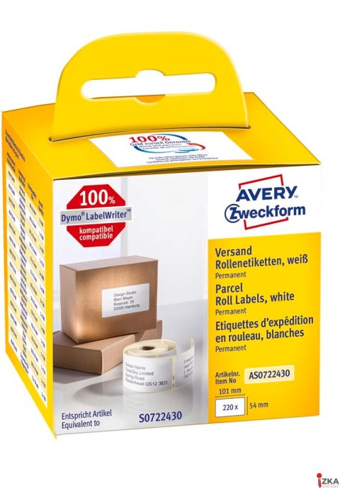 Etykiety wysyłkowe AS0722430 54x101 220 et. w rolce do termodruku, trwałe, białe Avery Zweckform