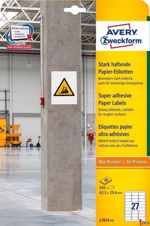 Etykiety do trudnych powierzchni L7874-20 63,5x29,6 20 ark., papierowe, Avery Zweckform