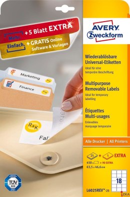Etykiety uniwersalne L6025REV-25 63,5x46,6 30ark Usuwalne, Avery Zweckform