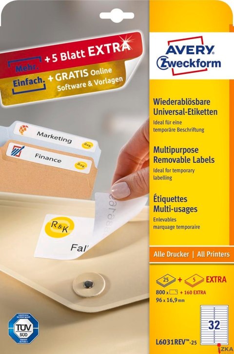 Etykiety uniwersalne L6031REV-25 96 x 16,9 30ark Usuwalne, Avery Zweckform