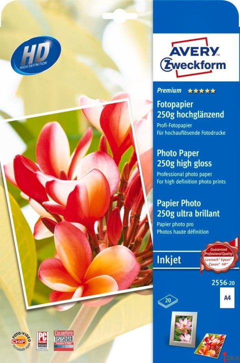 Papier foto wysokobłyszczący 2556-20 A4 20 ark. Premium, biały, 250g, Avery Zweckform (X)