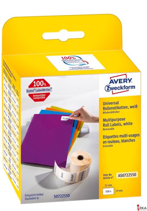 Etykiety uniwersalne AS0722550 19x51 500et. w rolce do termodruku, usuwalne, białe, Avery Zweckform