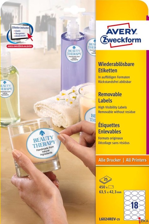 Etykiety owalne L6024REV-25 63,5 x 42,3 25 ark. Białe, usuwalne, Avery Zweckform