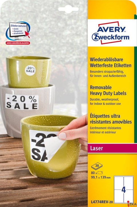 Etykiety Heavy Duty L4774REV-20 99,1 x 139 20ark białe, poliestrowe, usuwalne, Avery Zweckform