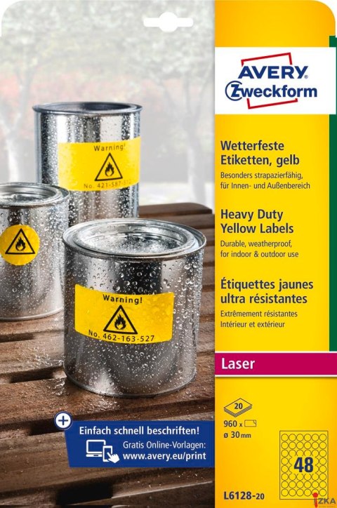 Etykiety Heavy Duty L6128-20 Q30 żółte 20 ark. poliestrowe Avery Zweckform Etykiety Heavy Duty L6128-20 Q30 żółte 20 ark. poliestrowe Avery Zweckform