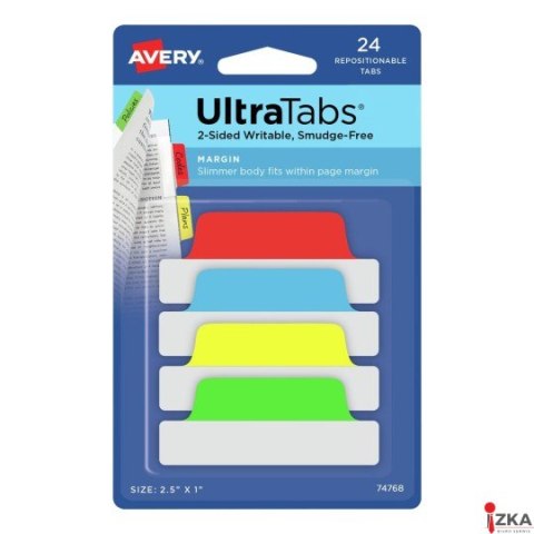Ultra Tabs - samoprzylepne zakładki indeksujące, kolorowe, klasyczne, 63,5x25, 24 szt., Avery Zweckform 74768