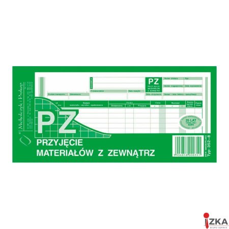 352-8 PZ przyjęcie materiałów z zewnątrz, 1/3 A4 80 kartek, MICHALCZYK&PROKOP