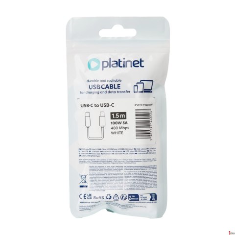Kabel TYPE USB-C to USB-C, biały, 1.5m, 100W (5A), 480 MBPS TPE, PLATINET PSCCC1100TW Kabel TYPE USB-C to USB-C, biały, 1.5m, 100W (5A), 480 MBPS TPE, PLATINET PSCCC1100TW