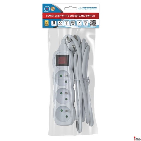 Listwa zasilająca przedłużacz 3 gniazda biała 3m włącznik ESPERANZA ELK211W