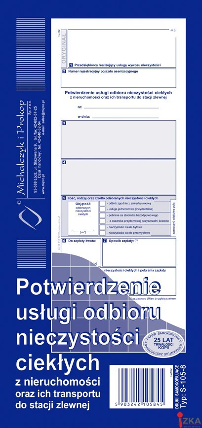 S-105-8 Potwierdzenie usługi odbioru nieczystości ciekłych oraz ich transportu do stacji zlewni 1/3 A4 MICHALCZYK I PROKOP