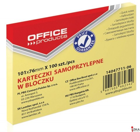 Bloczek samoprzylepny , 101x76mm, 1x100 kart., pastel, jasnożółty, typu OFFICE PRODUCTS 14047711-06