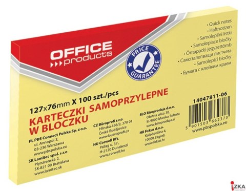 Bloczek samoprzylepny , 127x76mm, 1x100 kart., pastel, jaznożółty, typu OFFICE PRODUCTS 14047811-06