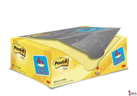 Bloczek samoprzylepny POST-IT_ (655CY-VP20), 127x76mm, (16+4)x100 kart., żółte, 4 bloczki GRATIS