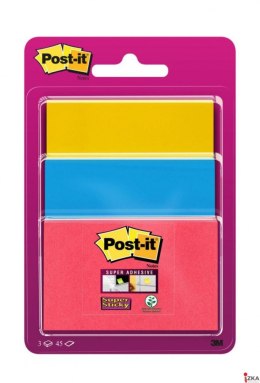 Bloczek samoprzylepny POST-IT_ Super Sticky (3432SS3-BYP-EU), 47,6x47,6mm, 3x45 kart., zawieszka, mix kolorów