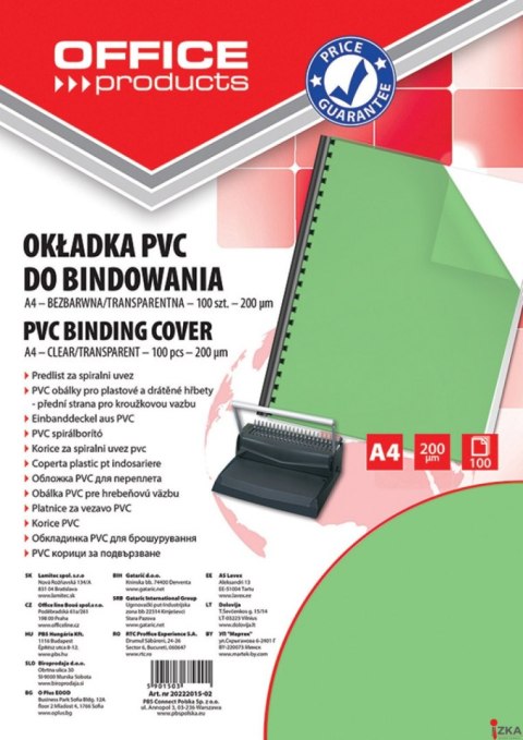 Okładki do bindowania , PVC, A4, 200mikr., 100szt., zielone transparentne, typu OFFICE PRODUCTS 20222015-02