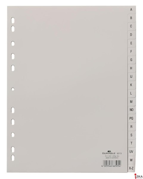 Przekładki PP A4 szare, nadruk indeks, A-Z 20 części Szary 651310 DURABLE