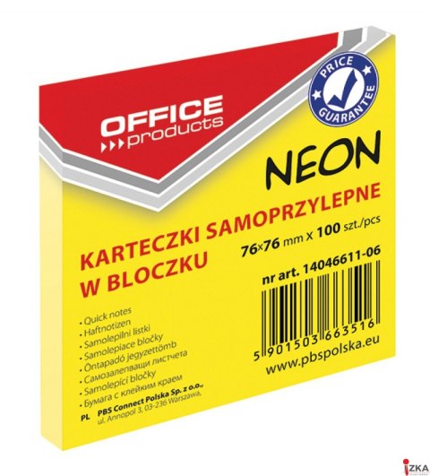 Bloczek samoprzylepny 76x76 mm 1x100 kart. neon żółty OFFICE PRODUCTS