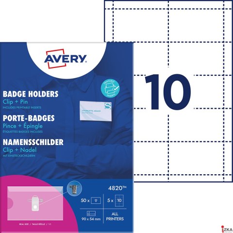 Holdery na identyfikatory z klipsem i agrafką, 54 _ 90 mm, 50 szt. + 5 ark./50 wkładów, przezroczyste holdery/białe wkłady 190 g