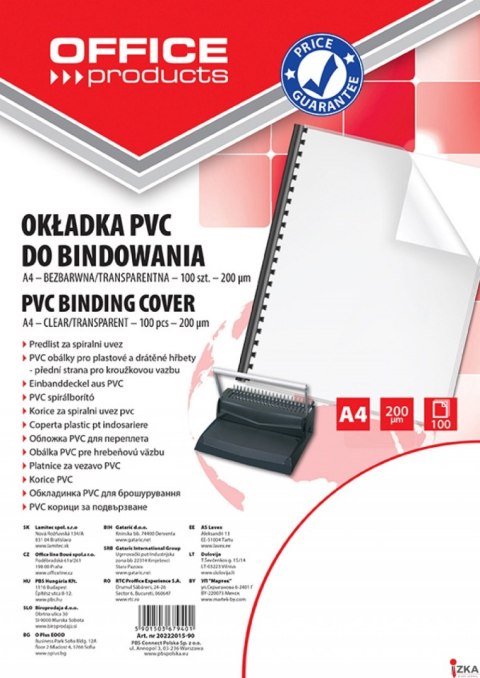 Okładki do bindowania , PVC, A4, 200mikr., 100szt., transparentne, typu OFFICE PRODUCTS 20222015-90