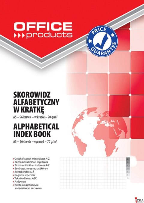 Skorowidz , A5, w kratkę, alfabetyczny, twarda okładka, 96 kart., 70gsm, typu OFFICE PRODUCTS 16061231-99