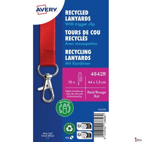 Smycz na identyfikator z recyklingowanego PET, 10 szt.; 15 x 440 mm; czerwone smycze, Avery 4842R
