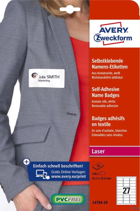 Samoprzylepne identyfikatory L4784-20 63,5x29,6 20 ark., białe, sztuczny jedwab, Avery Zweckform