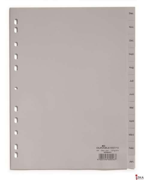 Przekładki PP A4 szare, nadr. indeks, 1-12, 1 2 części Szary 650710 DURABLE