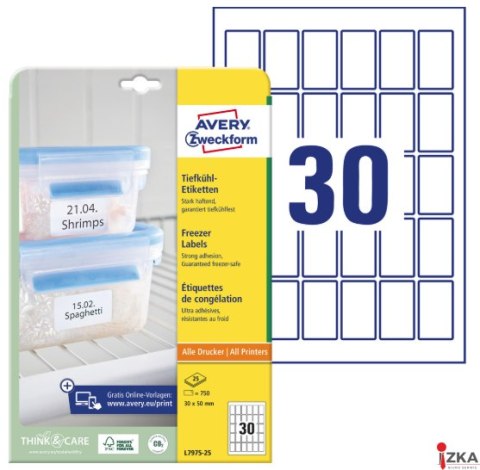 Etykiety na mrożonki, A4, 25 arkuszy, 30 x 50 mm, białe, AVERY ZWECKFORM, L7975-25 SALE