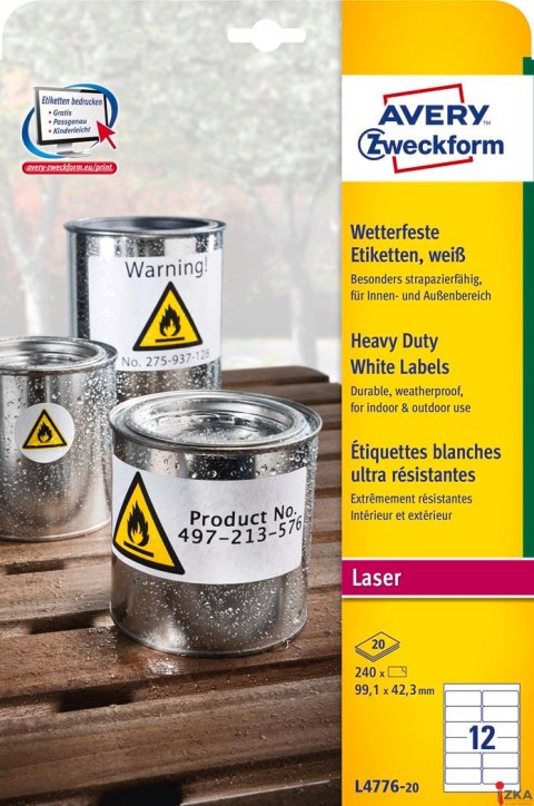 Etykiety Heavy Duty L4776-20 99,1 x 42,3 20 ark. Trwałe, białe, poliestrowe, Avery Zweckform SALE