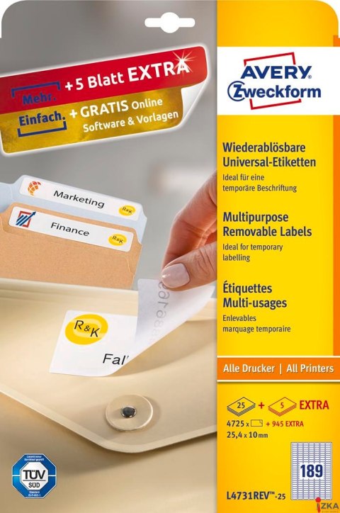 Etykiety uniwersalne L4731REV-25 25,4 x 10 30ark Usuwalne, Avery Zweckform