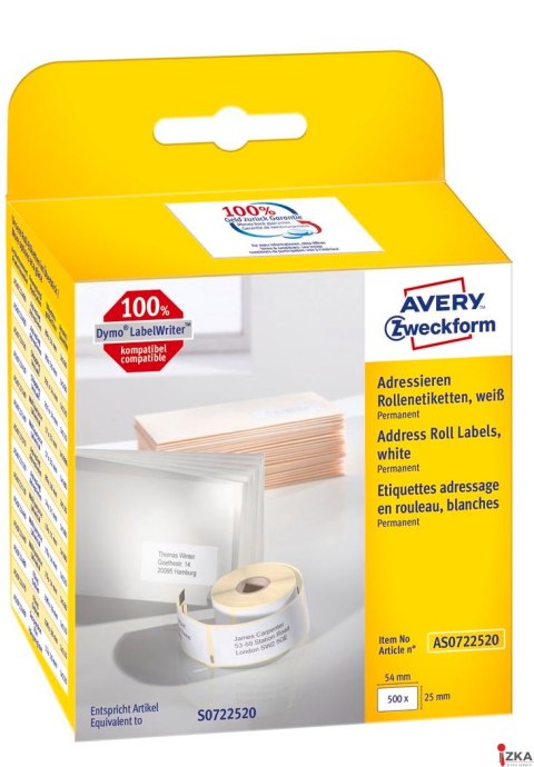 Etykiety adresowe AS0722520 25x54 500 et. w rolce do termodruku, białe, Avery Zweckform