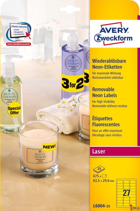 Etykiety żółte neonowe L6004-25 63,5x29,6 25 ark Usuwalne, Avery Zweckform