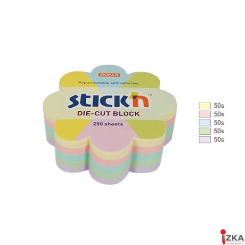Notes kwiatek, 67x67mm, mix 5 kol. pastelowych, 250kart. Stickn 21832