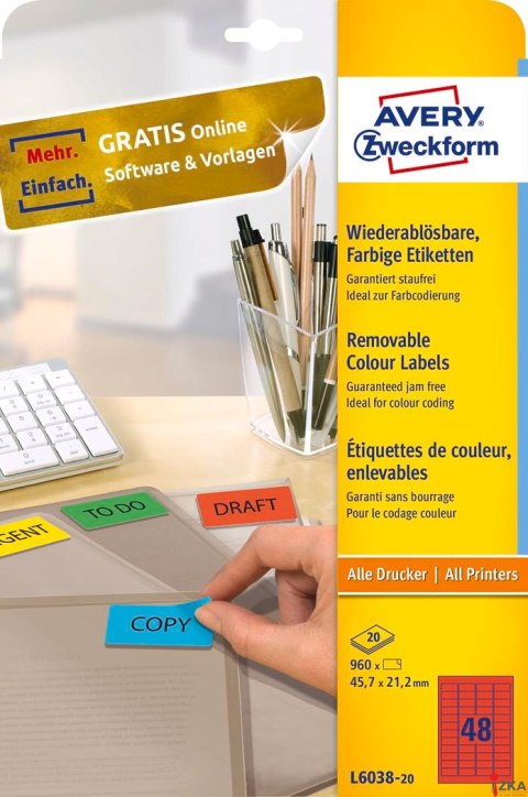 Etykiety czerwone L6038-20 45,7 x 21,2 20 ark. usuwalne Avery Zweckform