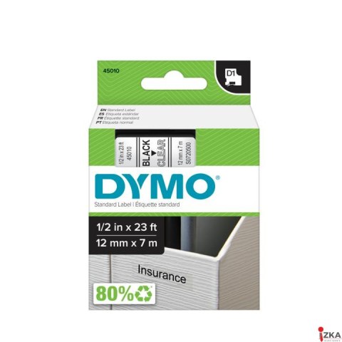 Taśma DYMO D1 - 12 mm x 7 m, czarny / przezroczysty S0720500 / 45010 do drukarek etykiet Taśma DYMO D1 - 12 mm x 7 m, czarny / przezroczysty S0720500 / 45010 do drukarek etykiet