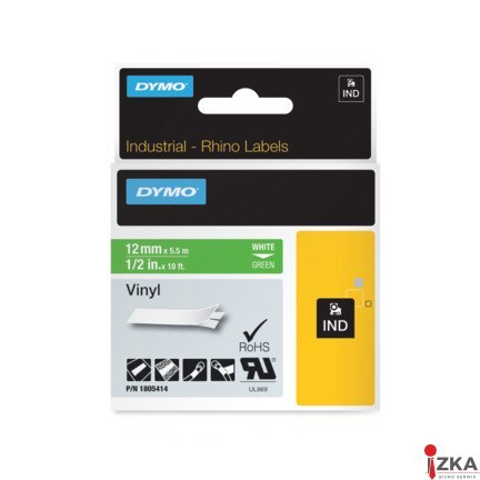 Taśma winylowa RHINO 12 mm biała na zielonym 1805414 DYMO
