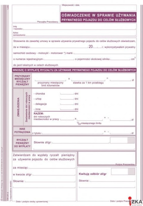 Oświadczenie w sprawie używania prywatnego pojazd do celów służbowych A5, offset 40 kartek, 10-811-3 DOTTS