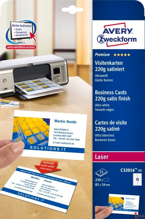 Wizytówki Quick&Clean C32016-25 85 x 54 25 ark. 250 szt., 220 g, satynowane, śnieżnobiałe, Avery Zweckform