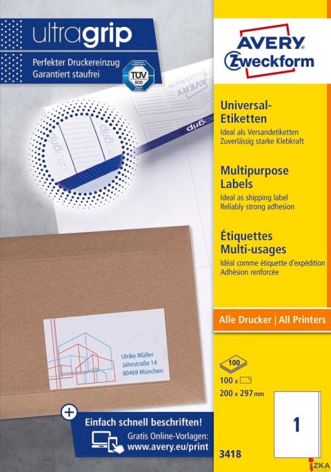 Trwałe etykiety uniwersalne 3418 200x297 100ark Avery Zweckform