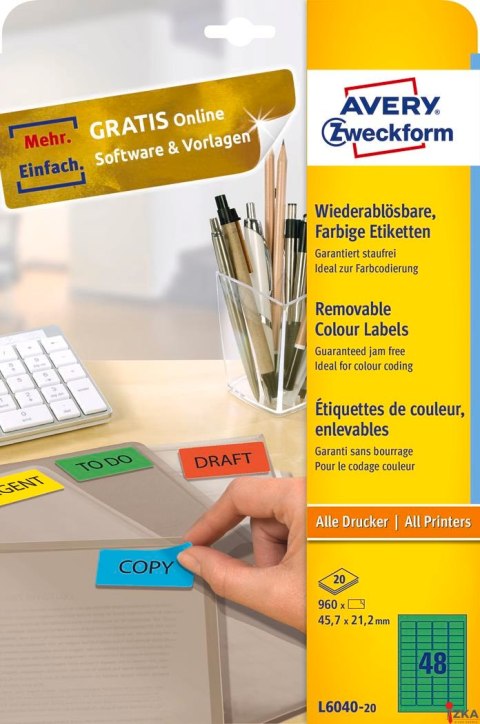 Etykiety zielone L6040-20 45,7 x 21,2 20 ark. Usuwalne, Avery Zweckform