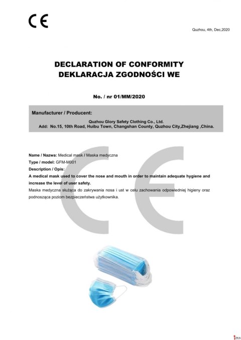Maseczki medyczne 50szt niebieska TYP IIR CE BFE>=98% 8%VAT