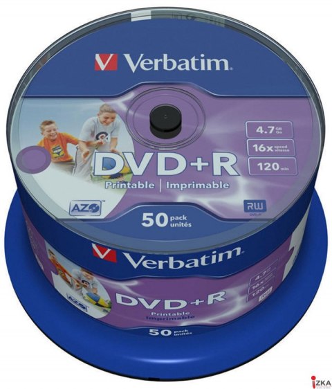 Płyta DVD+R VERBATIM 43512 16x 4,7GB (50) cake AZO Wide Inkjet Printable
