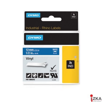 Taśma winylowa RHINO 12 mm biała na niebieskim 1805243 DYMO