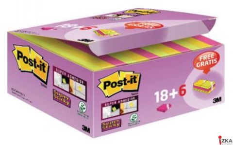 Karteczki samoprzylepne POST-IT_ Super Sticky (622-P24SSCOL), 47,6x47,6mm, 18+6x90 kart., mix kolorów, GRATIS