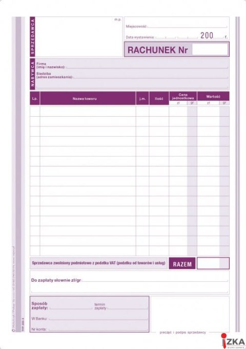 Rachunek dla zwolnionych podmiotowo z VAT A5, 80 kartek wielokopia, 10-223-3 DOTTS