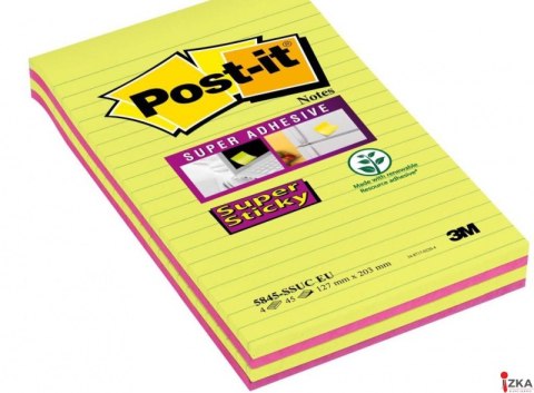 Bloczek samoprzylepny POST-IT_ Super Sticky w linie (5845- SSUC), 125x200mm, 4x45 kart., neonowe