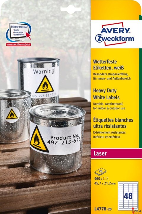 Etykiety Heavy Duty L4778-20 45,7 x 21,2 20ark Avery Zweckform, białe, poliestrowe Etykiety Heavy Duty L4778-20 45,7 x 21,2 20ark Avery Zweckform, białe, poliestrowe