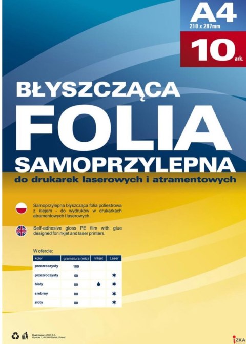 Folia samoprzylepna A4 biała do drukarek laserowych 434011 (10) 210x297 ARGO Folia samoprzylepna A4 biała do drukarek laserowych 434011 (10) 210x297 ARGO