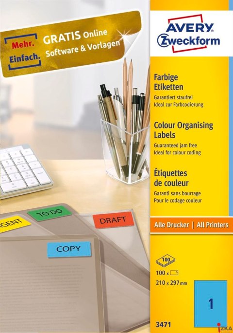 Etykiety niebieskie 3471 210 x 297 100 ark trwałe, Avery Zweckform