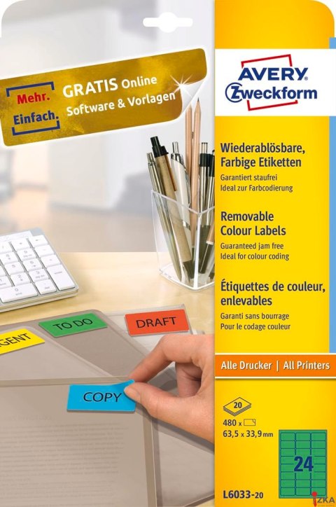 Etykiety zielone L6033-20 63,5 x 33,9 20 ark. usuwalne, Avery Zweckform